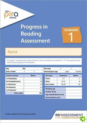 New PiRA Test 1, Summer PK10 (Progress in Reading Assessment)